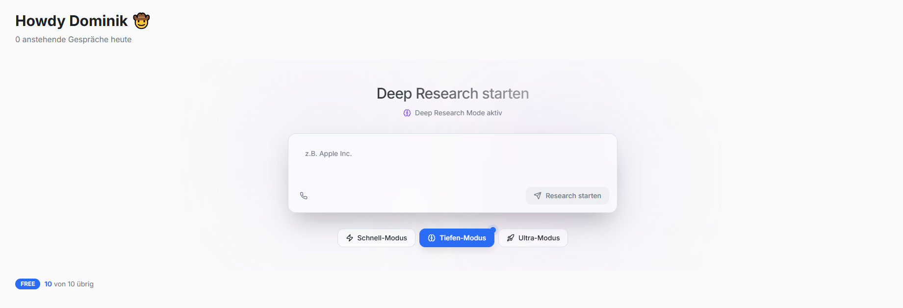 Deep Research Startscreen